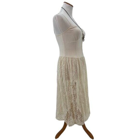 RARE Intimately Free People Boho Cottagecore Cream Lace Henley Maxi Slip Dress - Picture 7 of 16